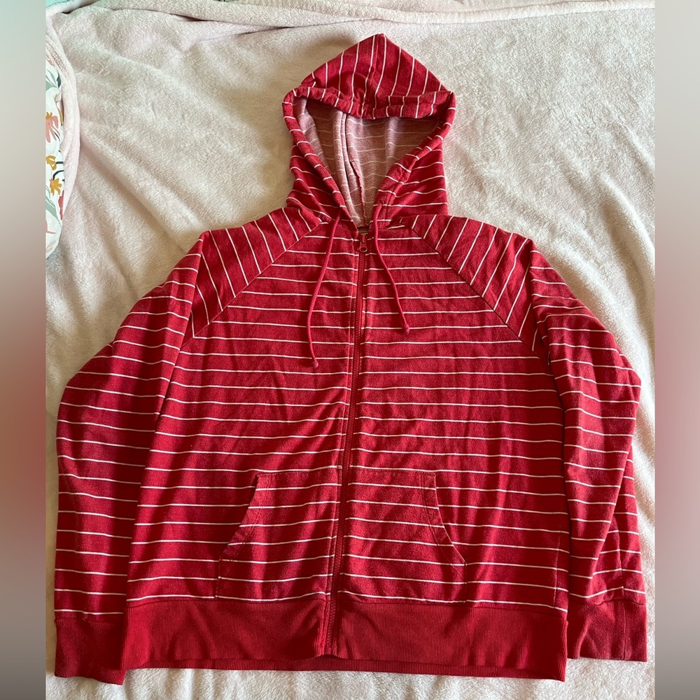 Old Navy Red White Strip Zip Up XL Women’s Hoodie Sweatshirt Pullover